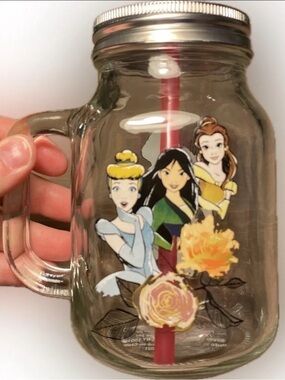 Disney Princess 21oz Glass Mason Jar Mug Lid Straw Mulan Jasmine Ariel Belle
